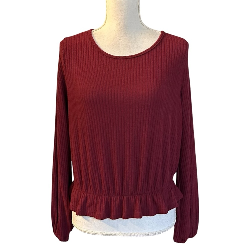 Sadie & Sage Long Sleeve Elastic Hem Brushed Knit Top SZ Medium Wine Fall NEW